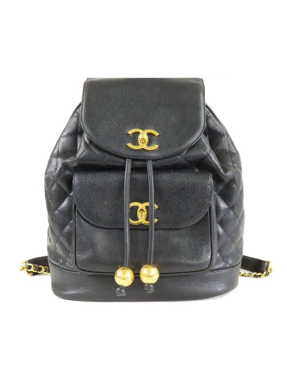 Chanel Backpack Black Gold Caviar Leather Quilted CC Logo